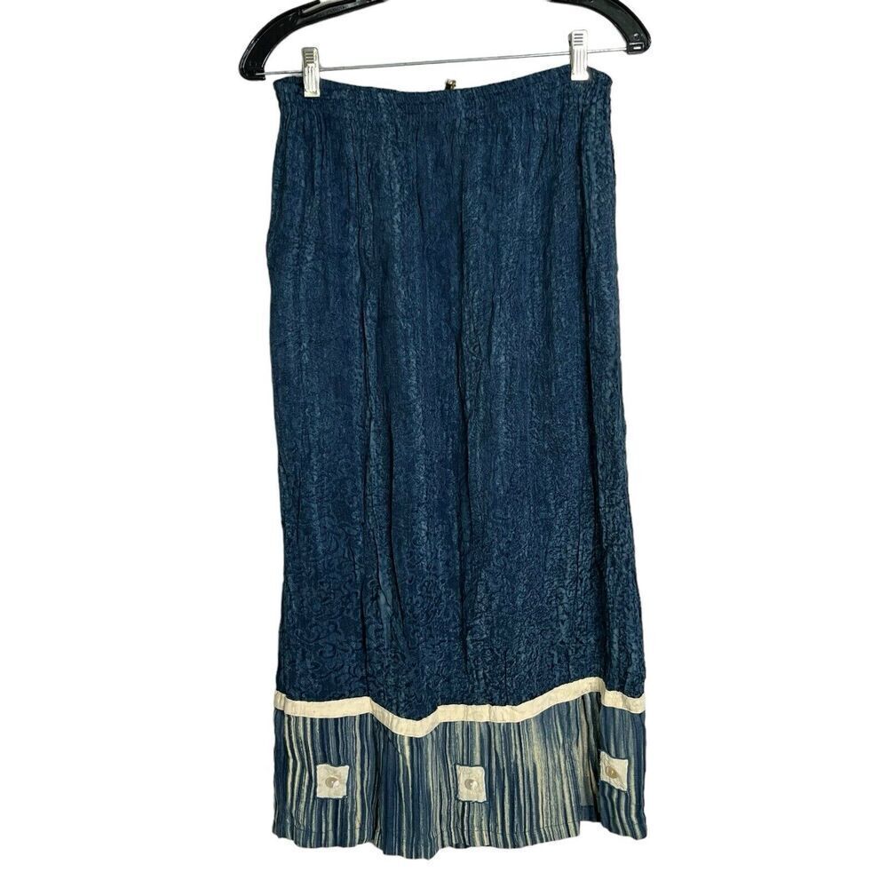 Iguana Vintage Women's Maxi Skirt S Lagenlook Textured Pockets Stripe Trim Blue
